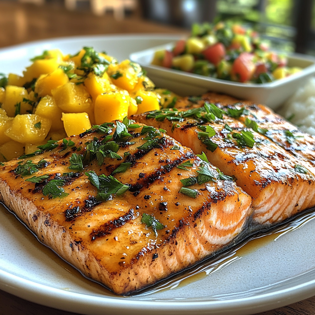 tropical salmon dish, mango salsa salmon, grilled salmon recipe, healthy salmon dinner, salmon with rice and salsa