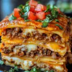 Mexican lasagna, taco casserole, layered taco lasagna, taco bake, cheesy taco lasagna