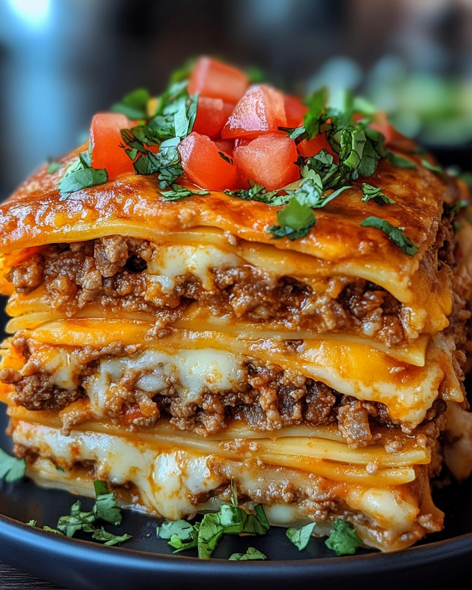 Mexican lasagna, taco casserole, layered taco lasagna, taco bake, cheesy taco lasagna