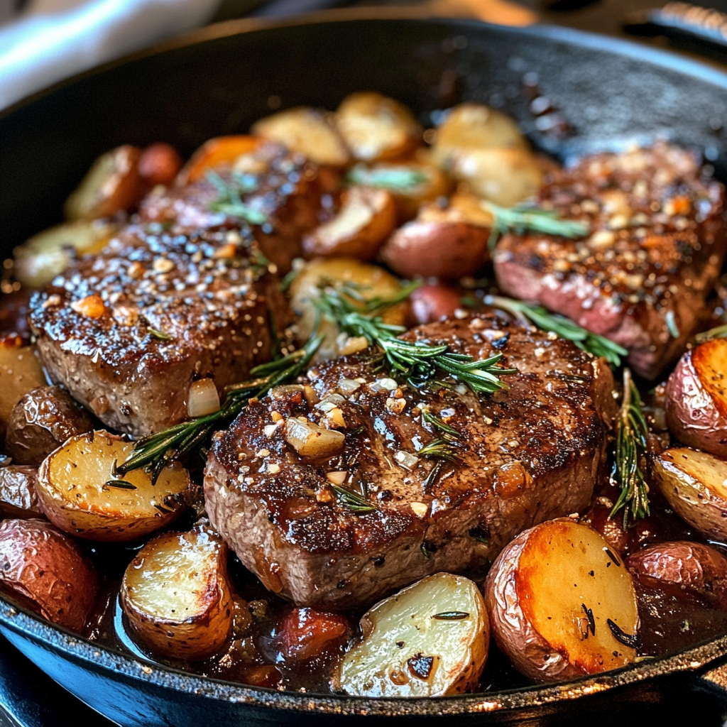 steak and potatoes recipe, garlic butter steak skillet, rosemary steak skillet, steak and potato dinner, skillet steak recipe, one-pan steak meal