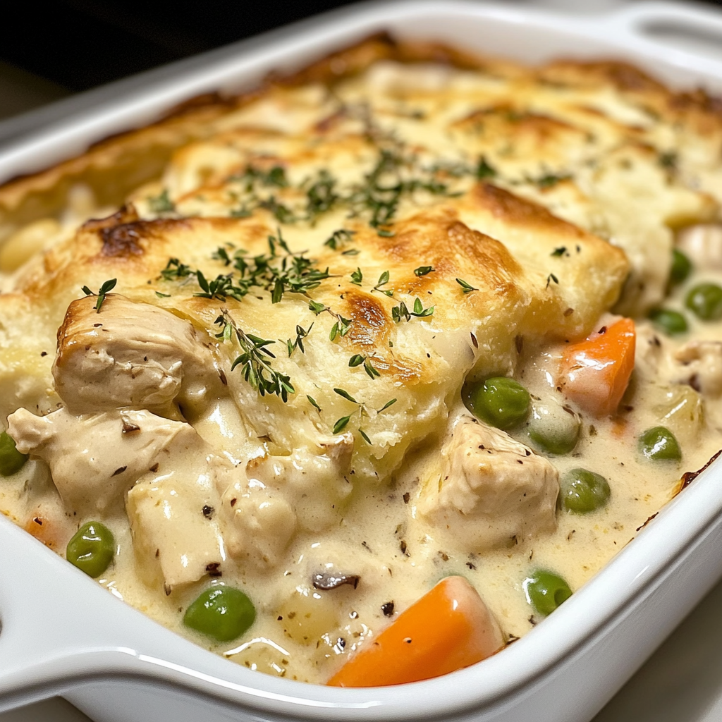 easy chicken casserole, creamy chicken pot pie, chicken pie casserole, comfort food chicken casserole, one-pan chicken pot pie