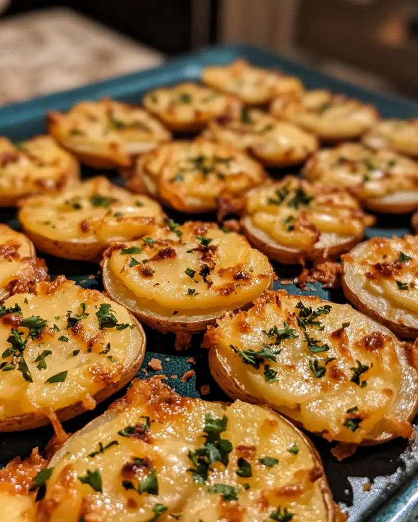 Baked potato slices, crispy potato slices, cheesy potato rounds, loaded potato appetizers, easy potato side dish