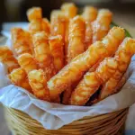 Funnel cake recipe, homemade funnel cake sticks, crispy carnival desserts, fried dessert sticks, fairground treats at home