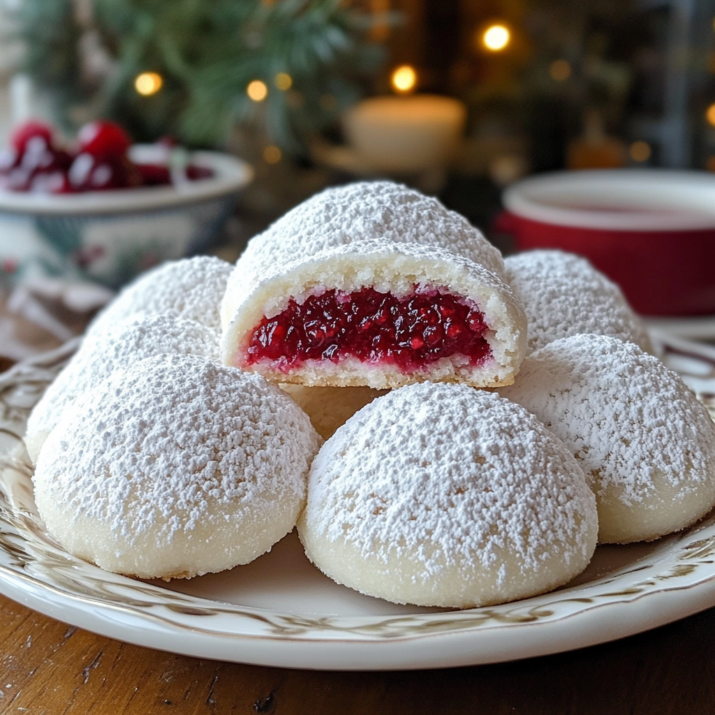 almond raspberry cookies, holiday snow cookies, jam-filled almond cookies, festive raspberry cookies, powdered sugar raspberry cookies