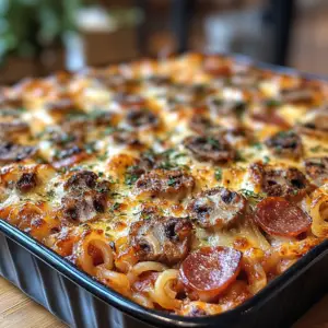 cheesy pizza casserole, meat pizza bake, easy meat lovers casserole, hearty pizza pasta bake, comfort food pizza casserole