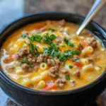 cheeseburger soup, macaroni cheeseburger soup, one-pot cheeseburger soup, creamy cheeseburger pasta soup, hamburger macaroni soup, cheesy beef soup