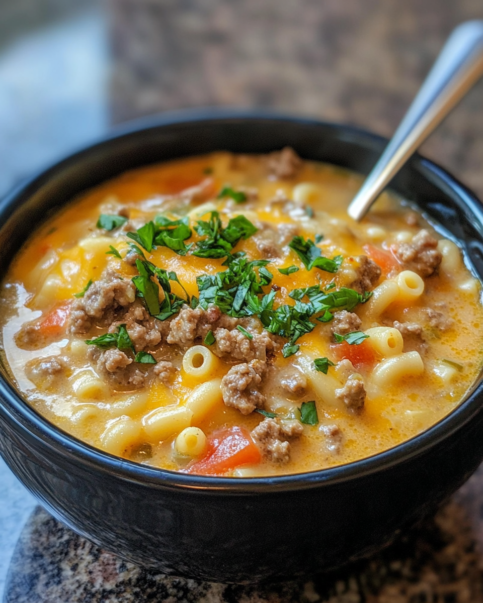 cheeseburger soup, macaroni cheeseburger soup, one-pot cheeseburger soup, creamy cheeseburger pasta soup, hamburger macaroni soup, cheesy beef soup