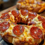 pizza ring appetizer, crescent roll pizza ring, easy pizza ring recipe, stuffed pizza ring, pepperoni crescent roll recipe