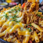 sloppy joe pasta, cheeseburger pasta skillet, one-pot beef pasta recipe, cheesy ground beef pasta, sloppy cheeseburger casserole