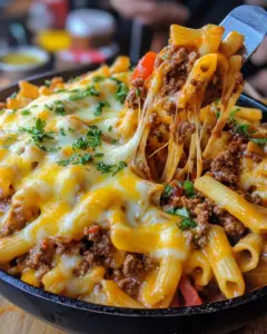 sloppy joe pasta, cheeseburger pasta skillet, one-pot beef pasta recipe, cheesy ground beef pasta, sloppy cheeseburger casserole