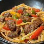 steak and pasta recipe, pepper steak noodles, beef pepper pasta, easy steak pasta dinner, savory steak and peppers dish