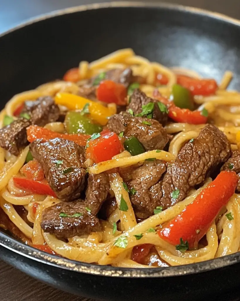 steak and pasta recipe, pepper steak noodles, beef pepper pasta, easy steak pasta dinner, savory steak and peppers dish