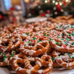 holiday pretzel snacks, festive chocolate pretzel treats, sweet and salty holiday snacks, Christmas candy recipes, easy Christmas desserts