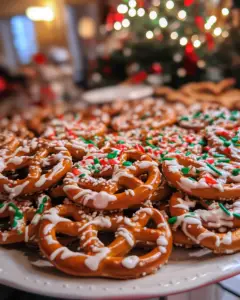 holiday pretzel snacks, festive chocolate pretzel treats, sweet and salty holiday snacks, Christmas candy recipes, easy Christmas desserts