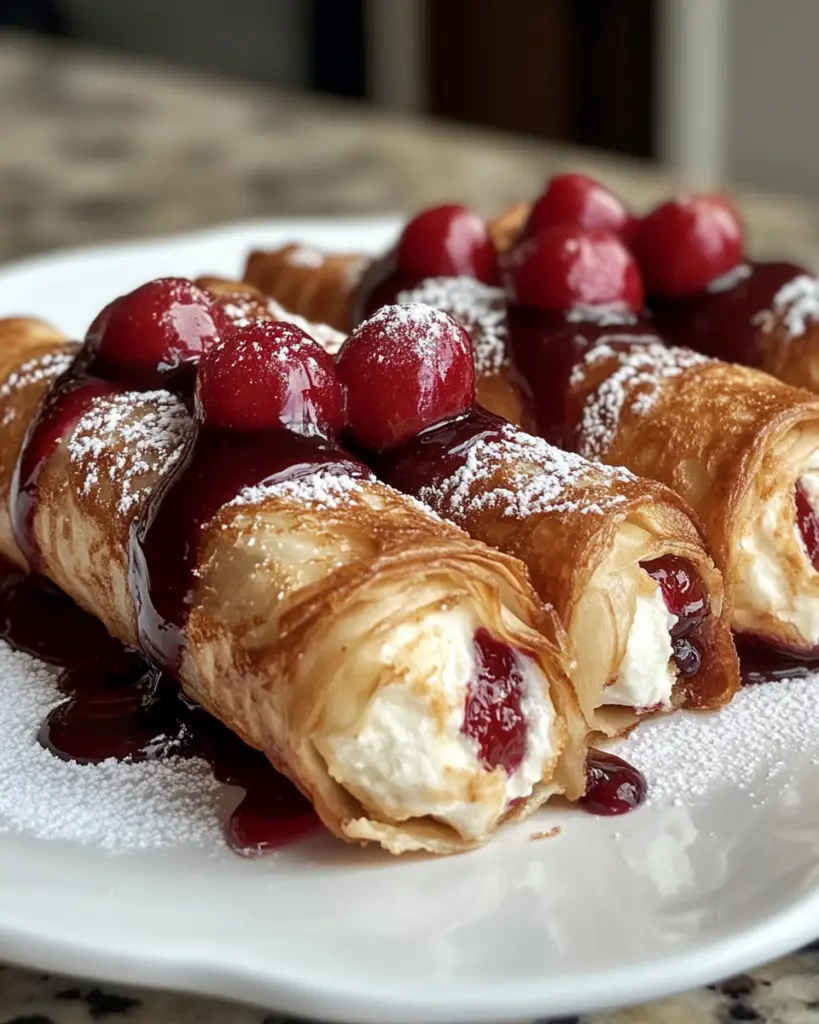 cheesecake-filled egg rolls, crispy dessert rolls, cherry dessert egg rolls, fruity cheesecake bites, sweet fried treats