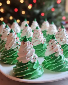 holiday meringue cookies, Christmas dessert ideas, festive tree-shaped meringues, egg white desserts, light holiday treats