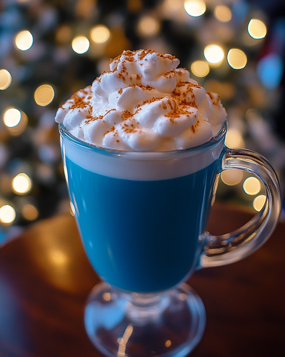 blue Christmas cocoa, holiday blue cocoa recipe, frosty blue cocoa, festive winter drinks, blue hot chocolate