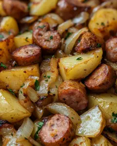 sausage and potatoes skillet, potatoes and onions with sausage, fried potatoes with smoked sausage, easy sausage skillet recipe, Southern skillet potatoes