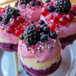 no-bake cheesecake pops, berry cheesecake bites, frozen cheesecake treats, fruity cheesecake snacks, portable berry desserts, easy cheesecake pops