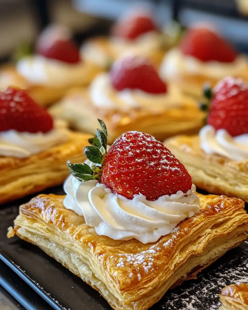 strawberry puff pastries, cream-filled pastries, strawberry dessert recipe, puff pastry cream desserts, easy fruit pastry