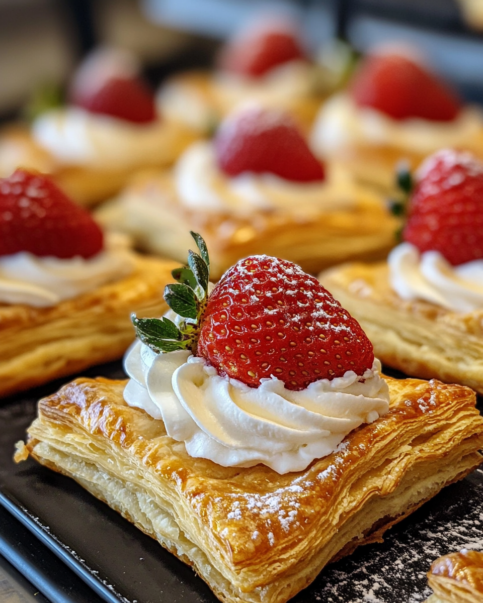 strawberry puff pastries, cream-filled pastries, strawberry dessert recipe, puff pastry cream desserts, easy fruit pastry