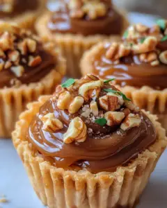 mini baklava cups, pecan caramel desserts, phyllo cup recipes, easy caramel pecan baklava, bite-sized baklava treats