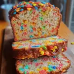 colorful breakfast bread, fruity cereal bread, moist yogurt bread, breakfast loaf with Fruity Pebbles, vibrant breakfast bread recipe