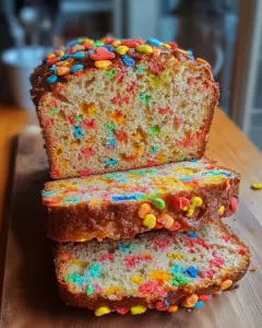 colorful breakfast bread, fruity cereal bread, moist yogurt bread, breakfast loaf with Fruity Pebbles, vibrant breakfast bread recipe