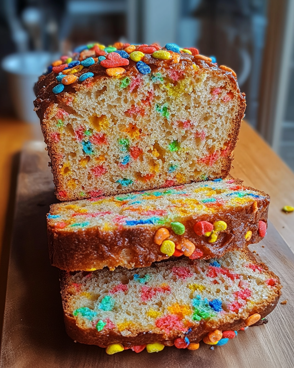 colorful breakfast bread, fruity cereal bread, moist yogurt bread, breakfast loaf with Fruity Pebbles, vibrant breakfast bread recipe