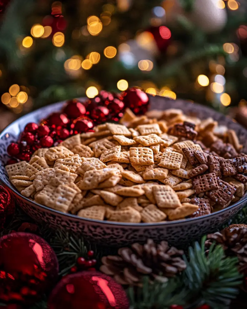 Holiday Chex Mix, Christmas party snack, festive snack mix, holiday-themed Chex Mix, Christmas snack ideas, holiday Chex recipes