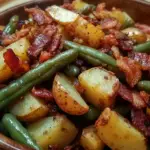 ranch green beans and potatoes, bacon potato green bean skillet, ranch-seasoned vegetables, Southern green beans with bacon, comfort food sides