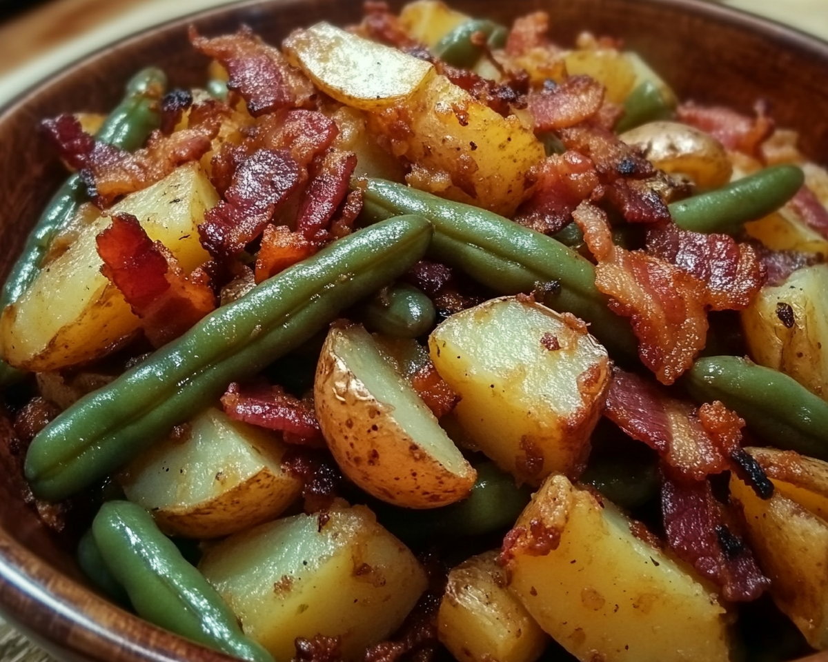 ranch green beans and potatoes, bacon potato green bean skillet, ranch-seasoned vegetables, Southern green beans with bacon, comfort food sides