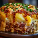 meatloaf casserole recipe, loaded mashed potato bake, hearty potato meatloaf dish, comfort food casserole, cheesy meatloaf bake