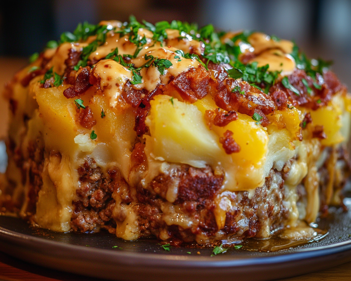 meatloaf casserole recipe, loaded mashed potato bake, hearty potato meatloaf dish, comfort food casserole, cheesy meatloaf bake