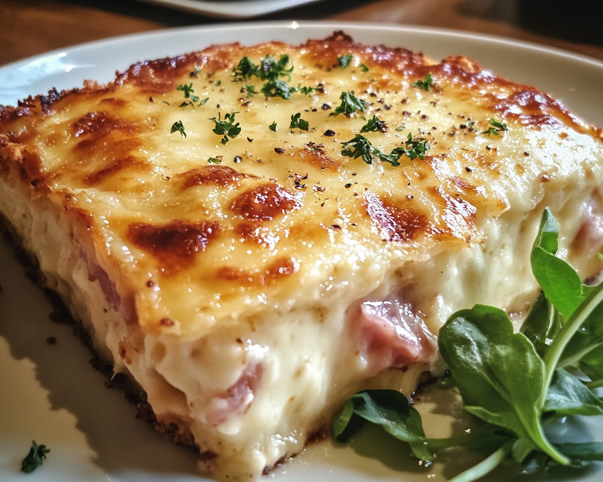 French ham and cheese pie, savory pie recipes, béchamel sauce pie, croque monsieur casserole, ham and Gruyère pie, French comfort food pie