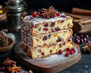 traditional German fruitcake, holiday fruit cake recipe, German spiced fruit loaf, classic Christmas cake, German dried fruit dessert, festive fruitcake recipe