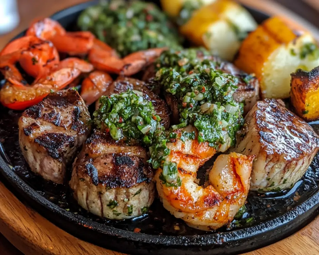 surf and turf with chimichurri, steak and shrimp recipe, surf and turf dinner, grilled steak and shrimp, herb chimichurri sauce recipe, steak and seafood platter