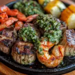 surf and turf with chimichurri, steak and shrimp recipe, surf and turf dinner, grilled steak and shrimp, herb chimichurri sauce recipe, steak and seafood platter