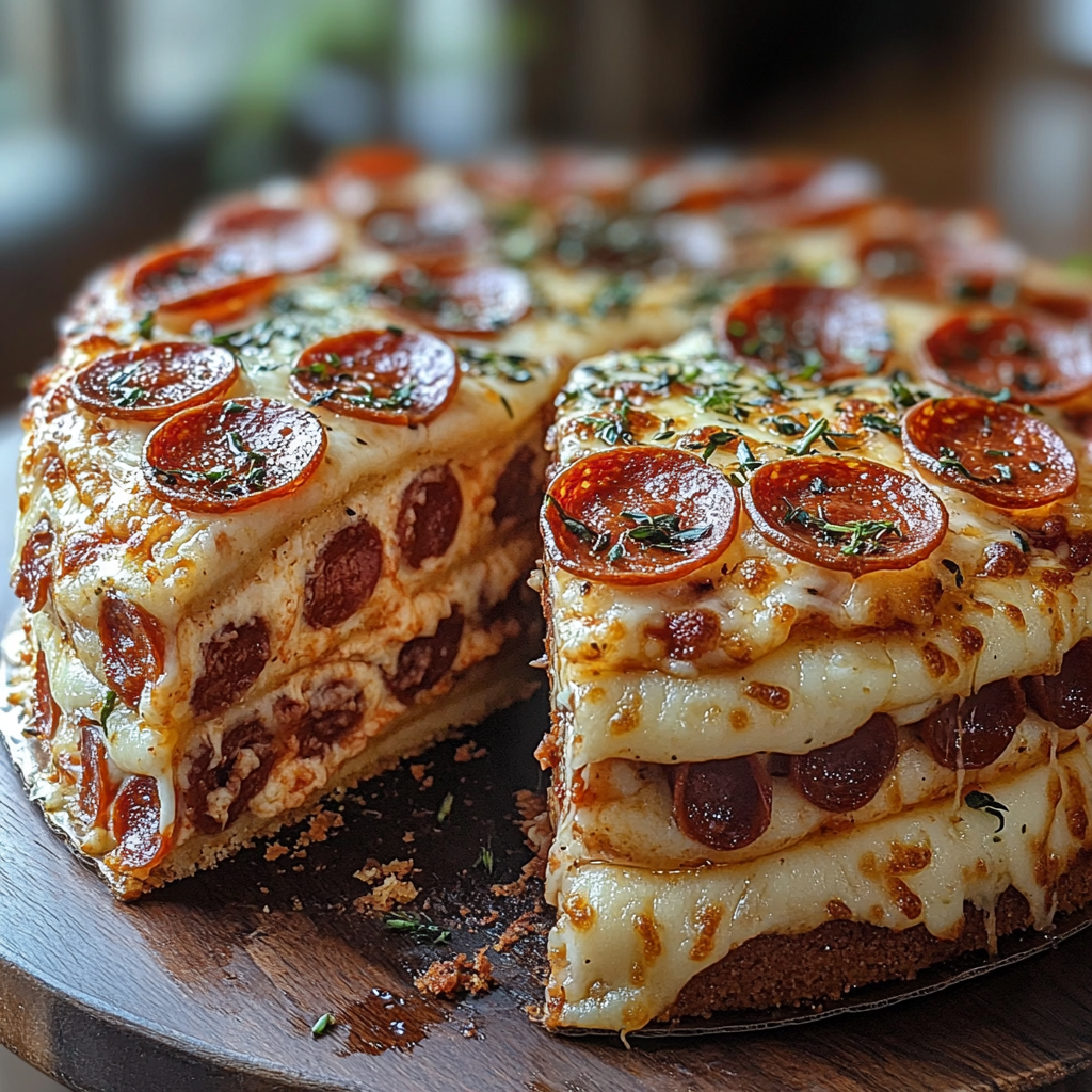 pizza cake, layered pizza, stacked pepperoni pizza, multi-layer pizza, pizza layer cake recipe