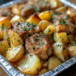 pork chop casserole, baked pork chops with potatoes, one-pan pork chops, pork and potato bake, easy pork chop dinner, comfort food pork chops
