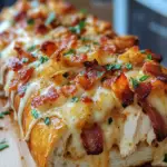 bacon ranch stuffed bread, cheesy stuffed bread, savory stuffed bread, chicken bacon bread recipe, ranch chicken stuffed loaf