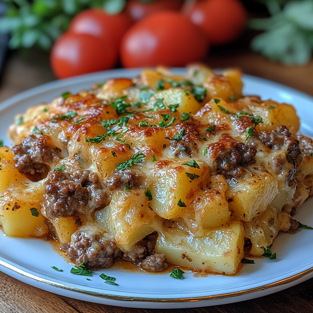 hamburger casserole, beef and potato bake, cheesy beef casserole, ground beef potato casserole, weeknight dinner casserole