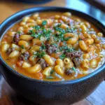 macaroni and cheeseburger soup, cheeseburger macaroni soup, comfort food soup recipe, cheesy beef soup