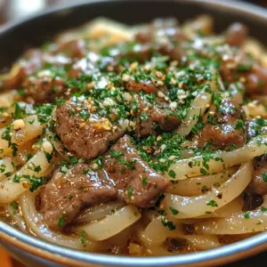 beef noodle skillet, caramelized onion beef, one-pot beef noodles, French onion beef dish, hearty beef and noodles recipe, beef pasta dinner