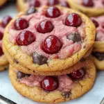 cherry chocolate cookies, festive cherry cookies, chocolate chip cherry cookies, holiday cherry chip cookies, maraschino chocolate cookies