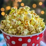 holiday popcorn, festive popcorn recipe, Christmas snack, sweet popcorn treat, Grinch-themed snacks, candy-coated popcorn, Christmas party treat