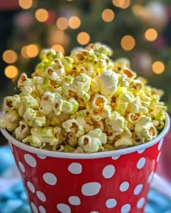 holiday popcorn, festive popcorn recipe, Christmas snack, sweet popcorn treat, Grinch-themed snacks, candy-coated popcorn, Christmas party treat