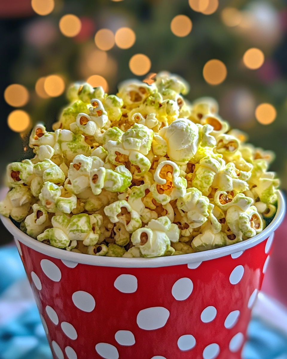 holiday popcorn, festive popcorn recipe, Christmas snack, sweet popcorn treat, Grinch-themed snacks, candy-coated popcorn, Christmas party treat