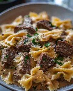 beef pasta recipe, creamy bowtie pasta, ground beef pasta skillet, one-pot pasta recipe, creamy beef farfalle