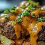 cheeseburger stuffed potatoes, loaded baked potatoes with meatballs, cheesy meatball potato recipe, comfort food potato recipe, loaded potato ideas